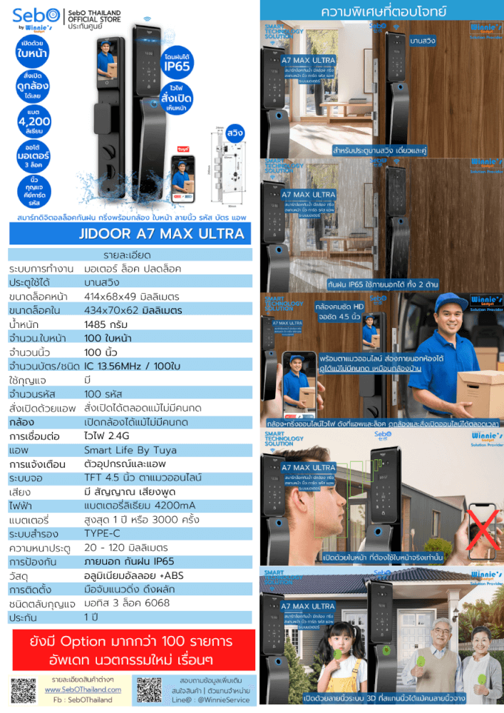 สมาร์ทล็อคประตูดิจิตอลกันฝน SebO JIDOOR A7 MAX ULTRA  IP65 พร้อมกล้องและกริ่ง สำหรับประตูดึงผลัก_10